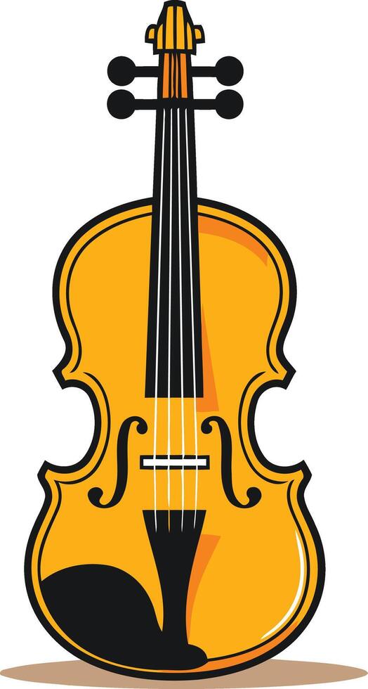 A simple, cartoon illustration of a yellow violin with black strings and details vector
