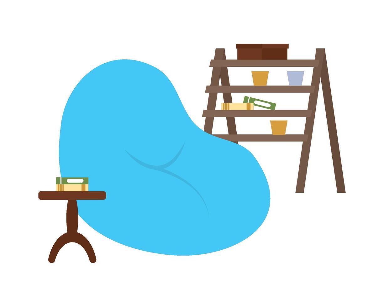 A blue bean bag chair with a ladder and bookshelves vector