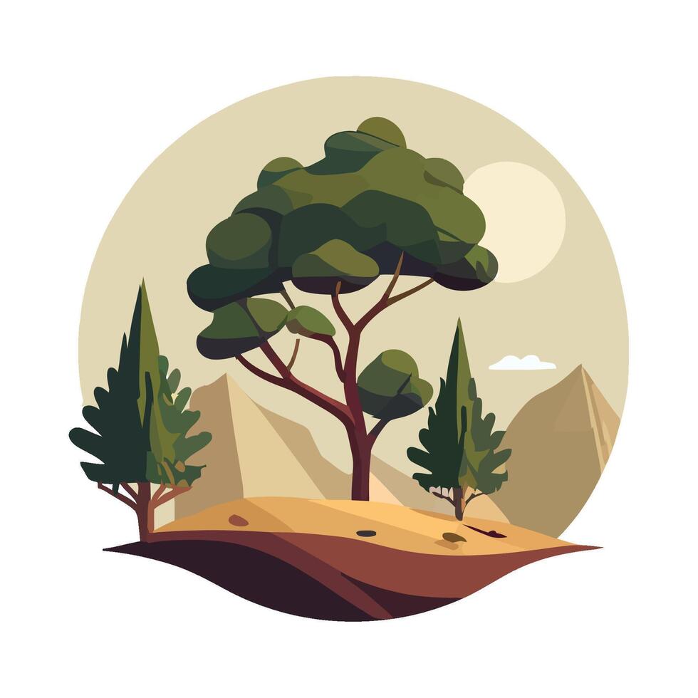 A flat illustration of a tree and mountains vector