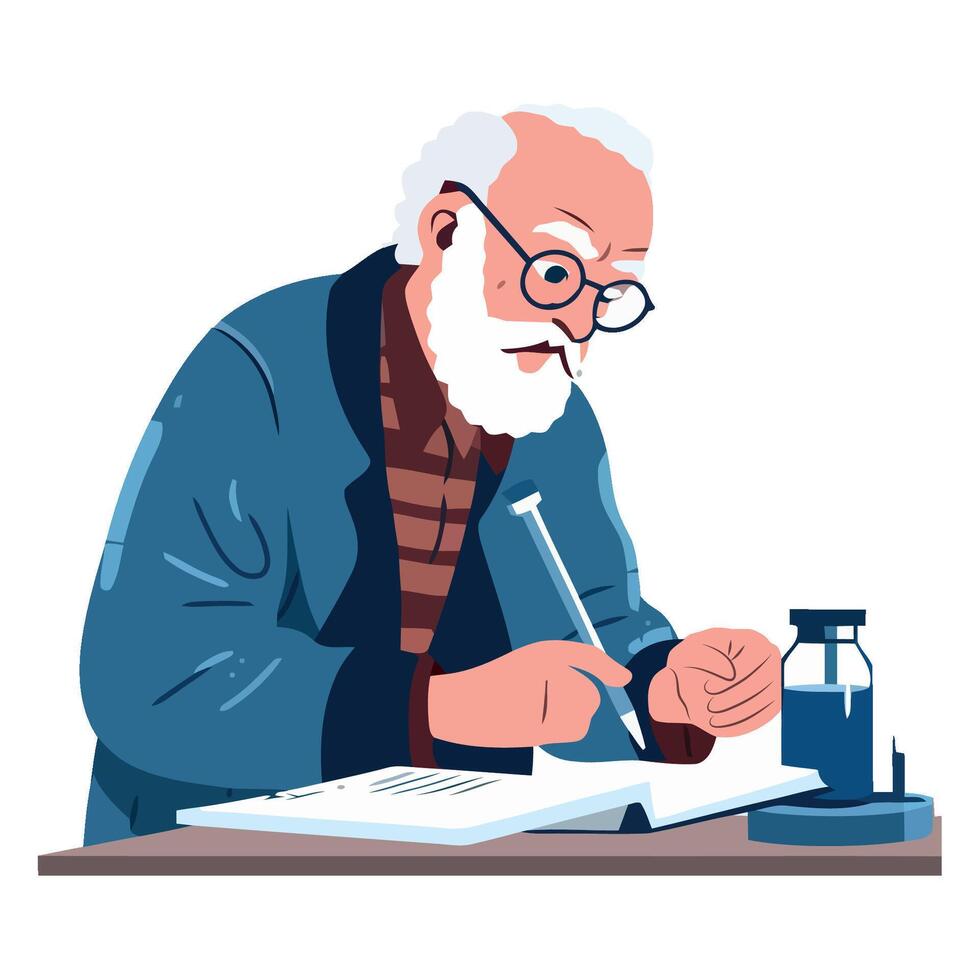 An old man with glasses and a beard is writing on a piece of paper vector