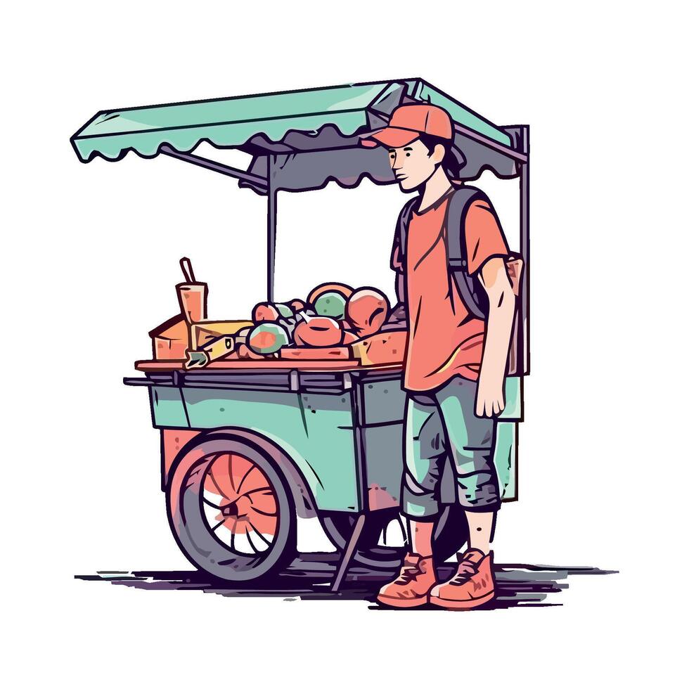 A man standing next to a fruit cart vector