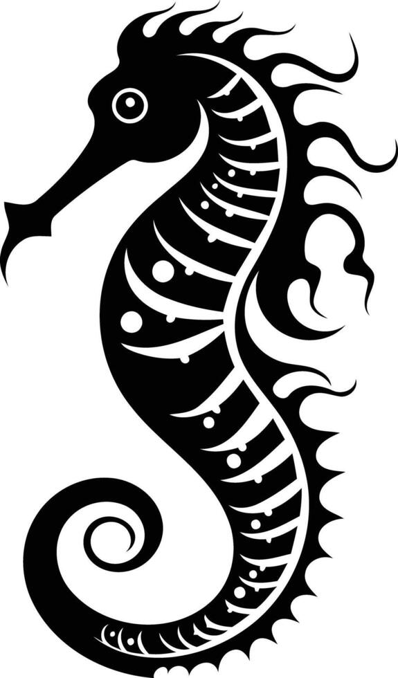 Stylized black and white seahorse illustration, perfect for tattoo designs, nautical themes, or marine life projects vector