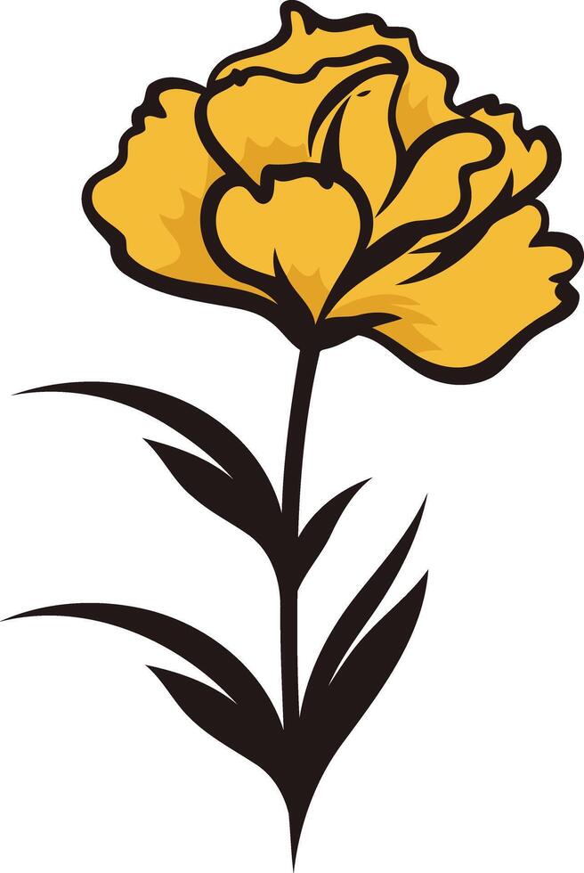 Simple, elegant illustration of a single yellow carnation flower with black stem and leaves vector