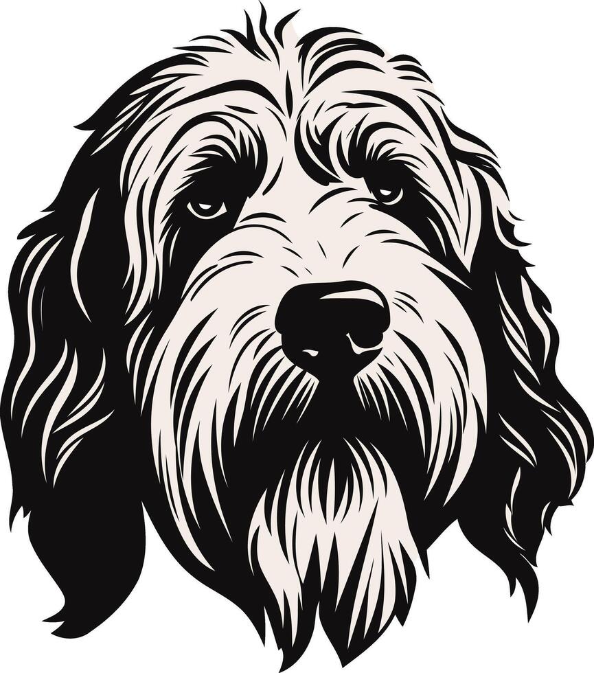 A striking black and white illustration of a dog's head, perfect for pet related projects, branding, and more vector