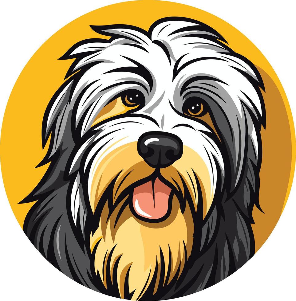 A cute and friendly cartoon old english sheepdog with a playful expression and a yellow background vector