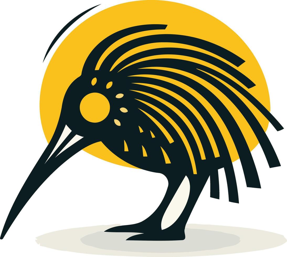 A stylized kiwi bird with a long beak, standing on a yellow sun vector