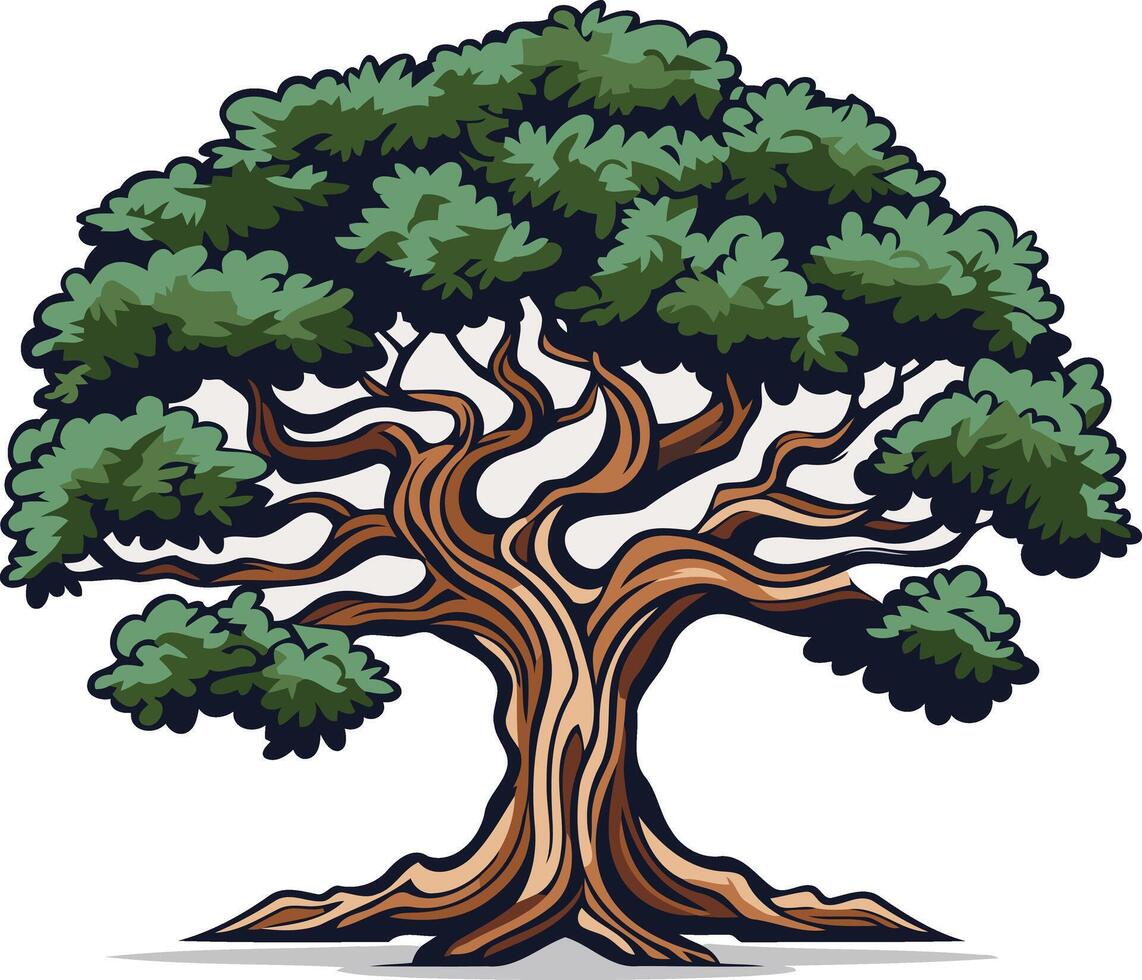A beautifully illustrated, cartoon style oak tree with a thick trunk and intricate branches, standing tall and proud on a white background vector