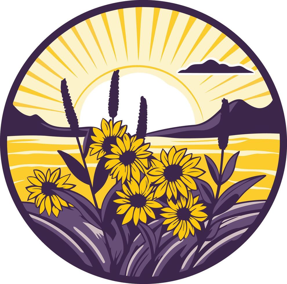 A vibrant, circular design featuring a sunrise over a grassy landscape with yellow wildflowers and purple foliage vector