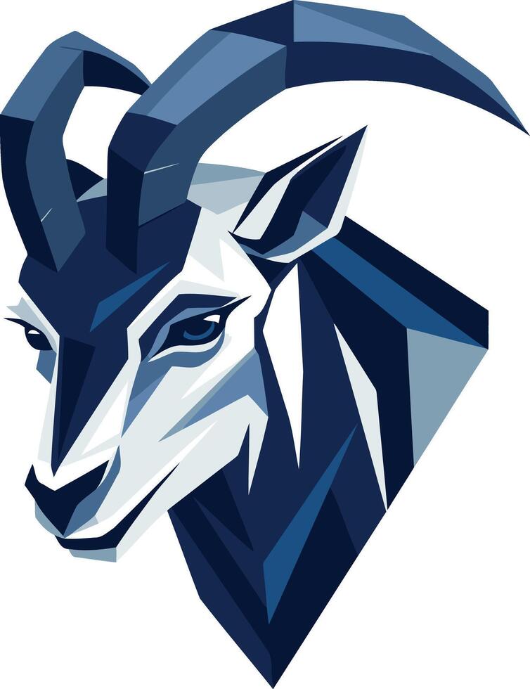 A bold and modern illustration of a goat's head, rendered in a geometric style vector