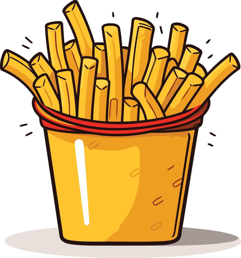 A cartoon illustration of a bucket of french fries, perfect for menus, social media, or branding vector