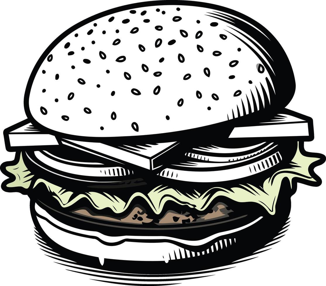 A classic, hand drawn illustration of a juicy burger with sesame seed bun, cheese, lettuce and onion vector