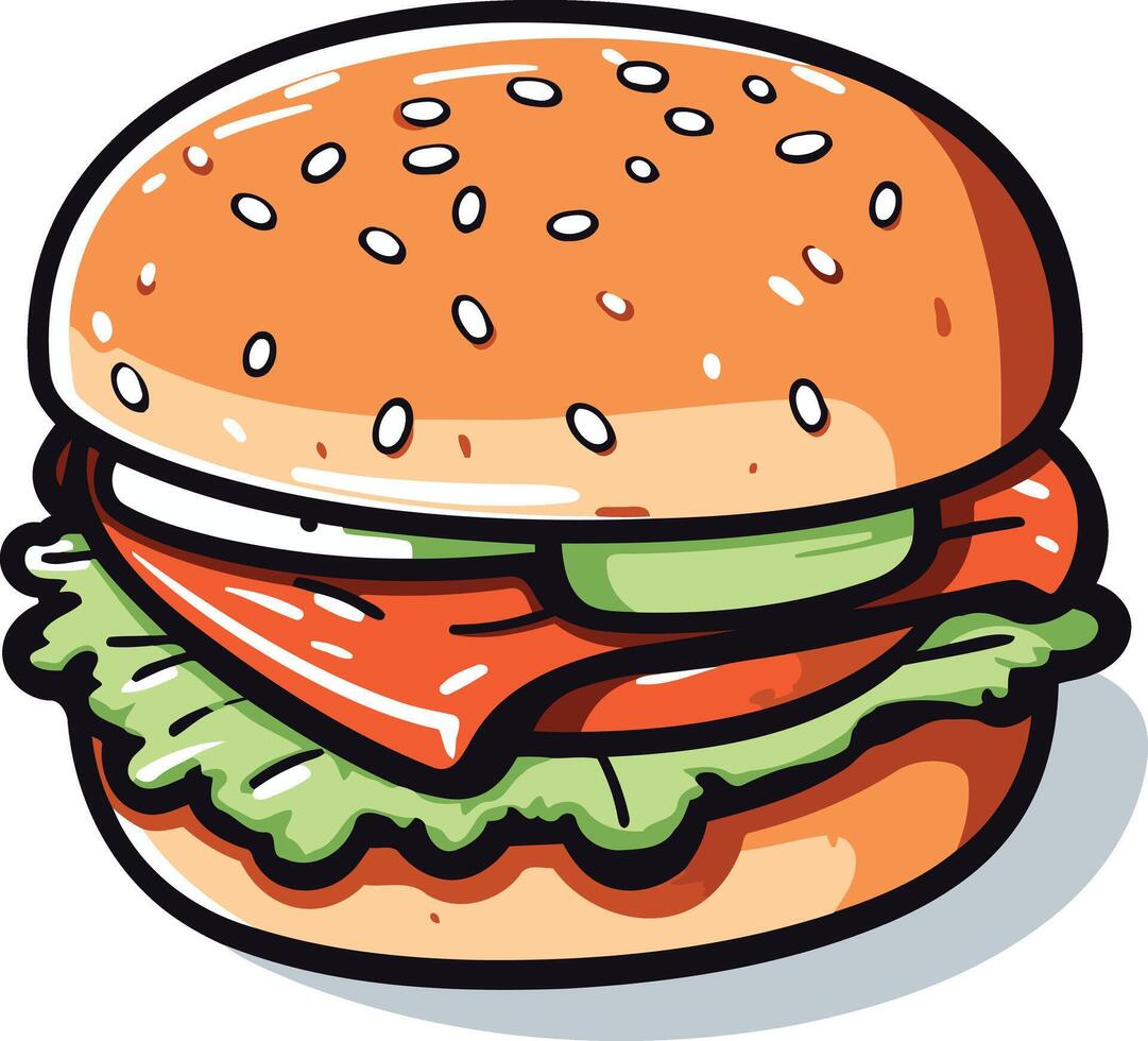 A cartoon illustration of a juicy burger with lettuce, tomato, and a sesame seed bun vector