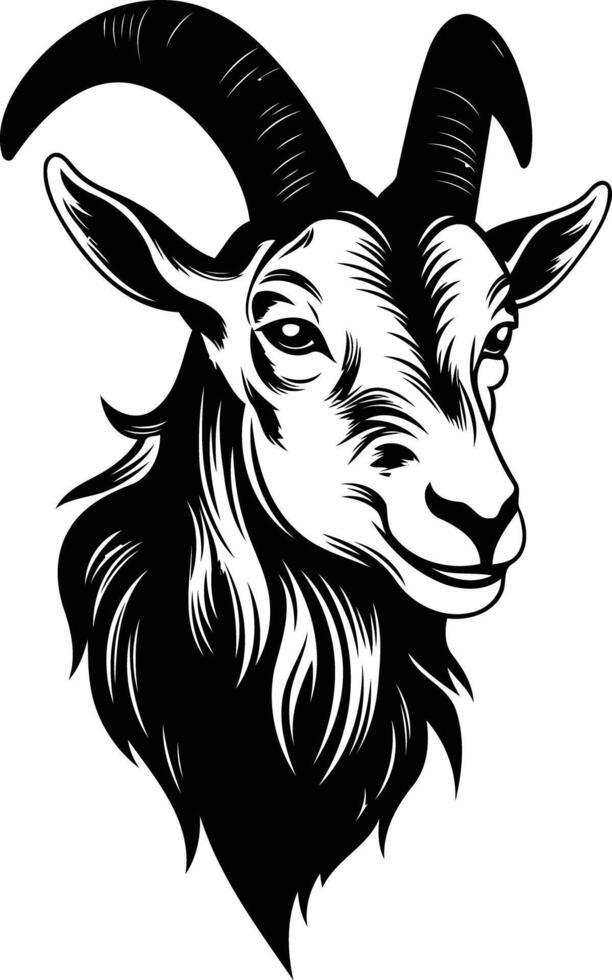 A bold and striking black and white illustration of a goat's head vector
