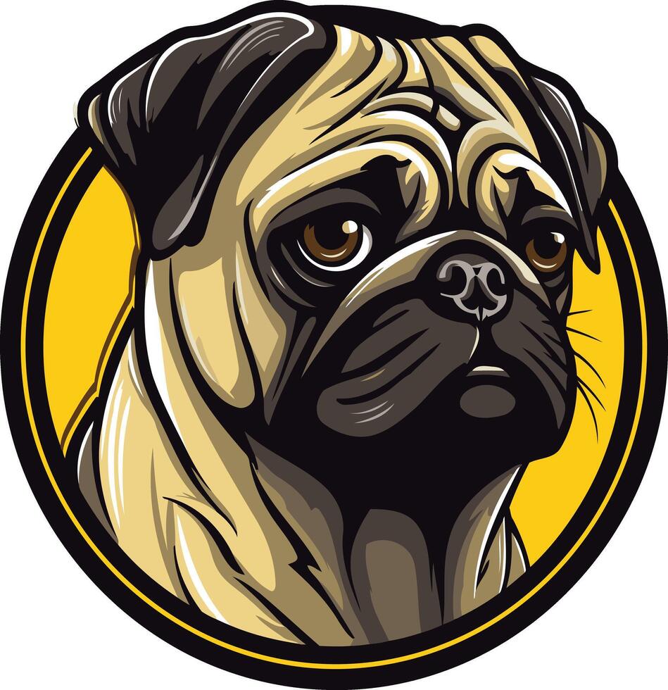 A bold and expressive illustration of a pug's face, set within a yellow circle with a black border vector