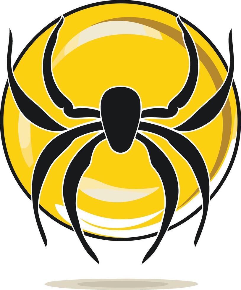 A bold, graphic logo design featuring a black spider silhouette inside a yellow circle vector