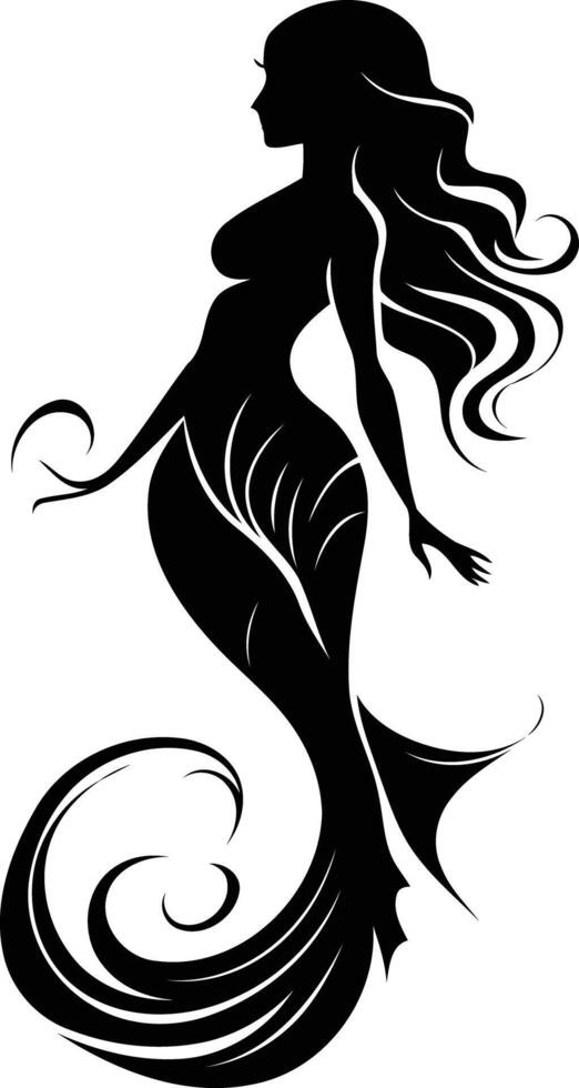 Elegant black and white silhouette of a mermaid with flowing hair and a detailed tail vector