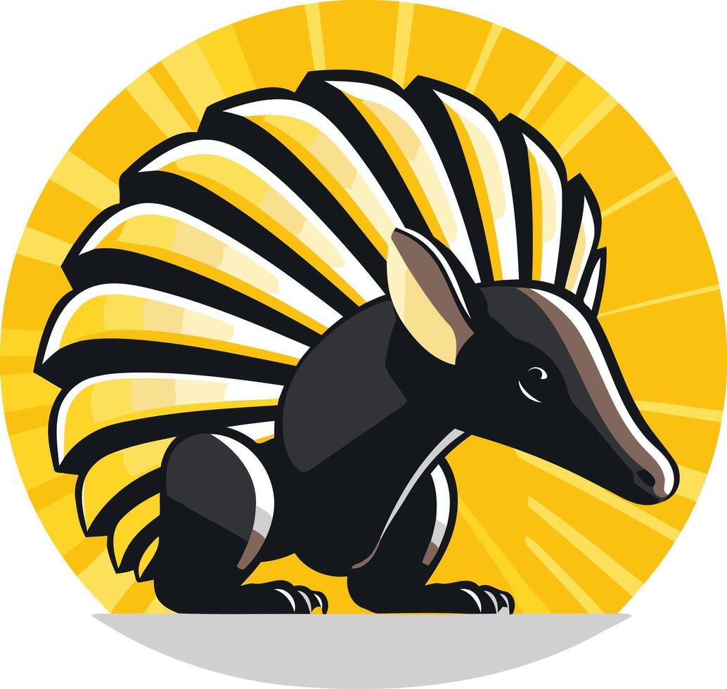 A stylized illustration of a pangolin, featuring a black and yellow color scheme, within a circle with radiating rays vector