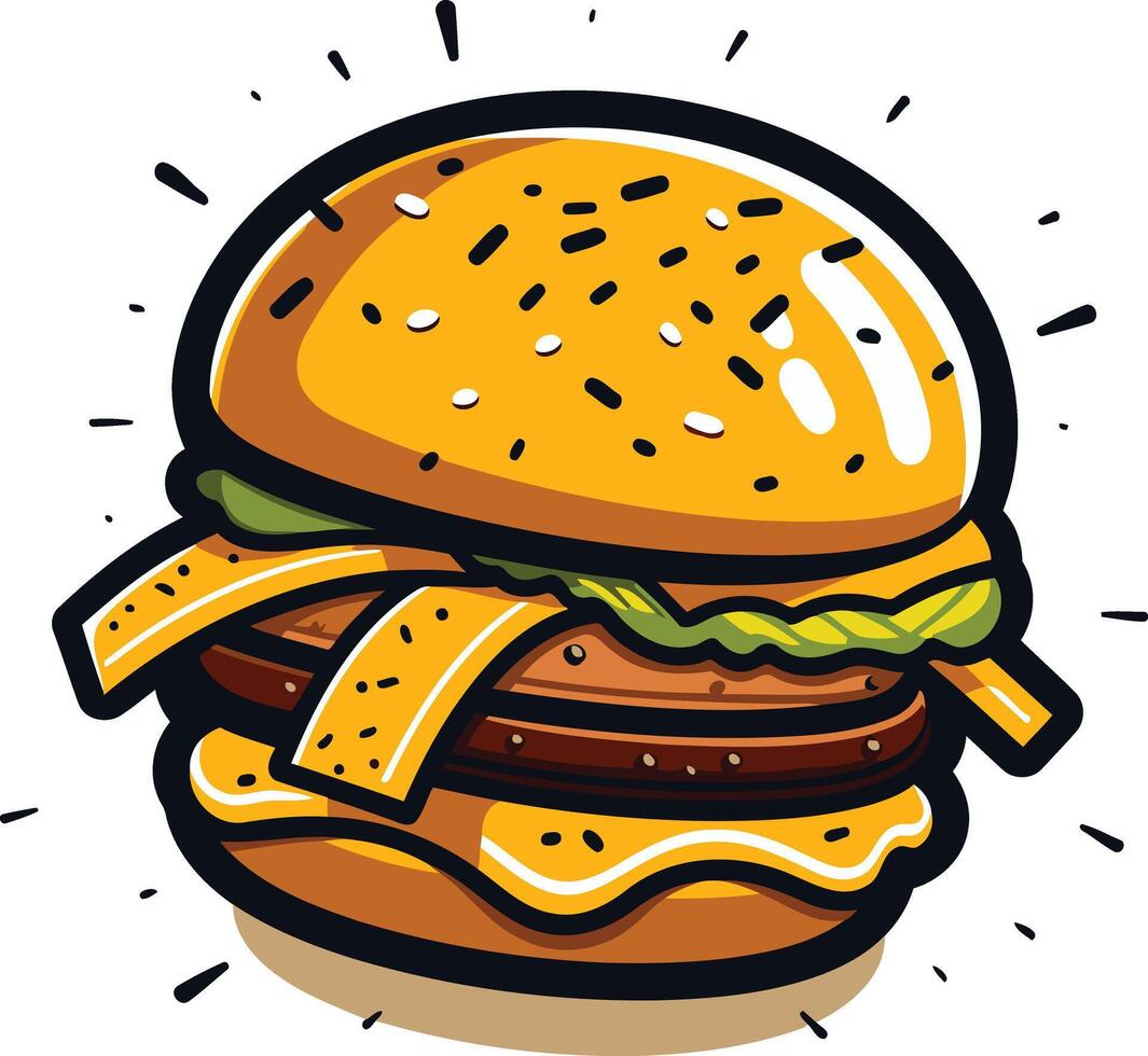Cartoon illustration of a delicious cheeseburger with melted cheese and lettuce vector