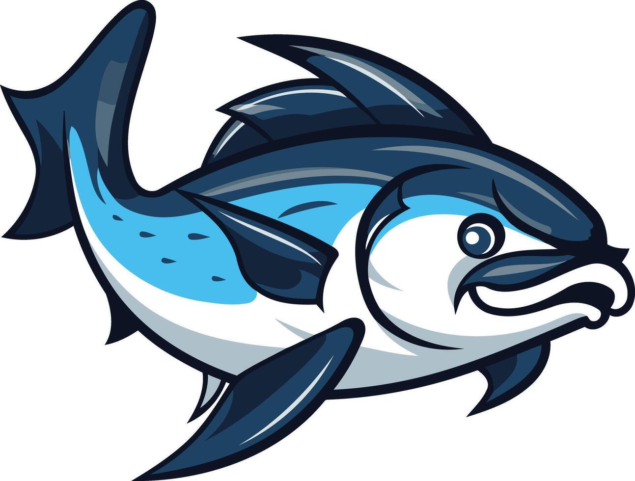Cartoon illustration of a fierce blue and white fish, perfect for branding, logos, and designs for fishing businesses, sports teams, and more vector