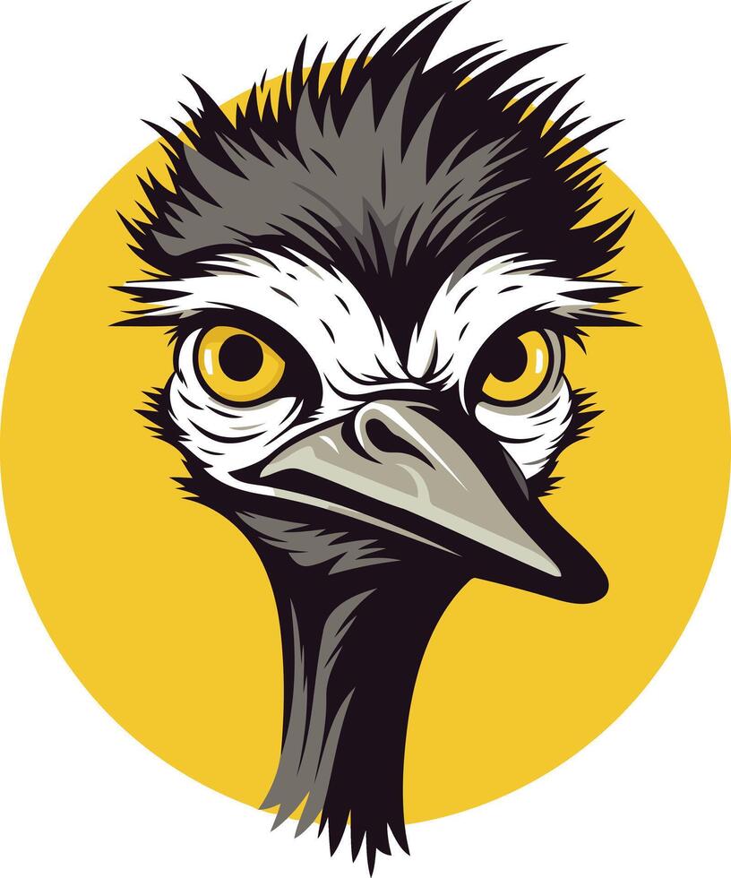 A bold and striking illustration of an emu's head, featuring a close up view of its sharp, piercing gaze and distinctive beak vector