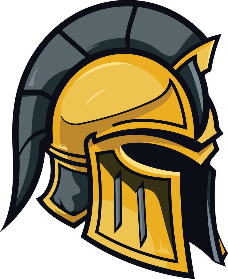 A bold, cartoon style illustration of a golden spartan helmet with a black plume vector
