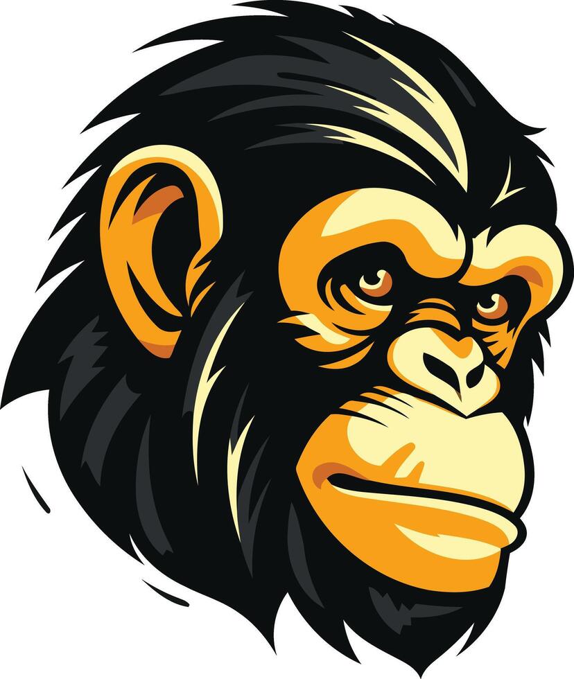 A fierce and detailed illustration of a chimpanzee's head, featuring a powerful expression and striking black and yellow color scheme vector