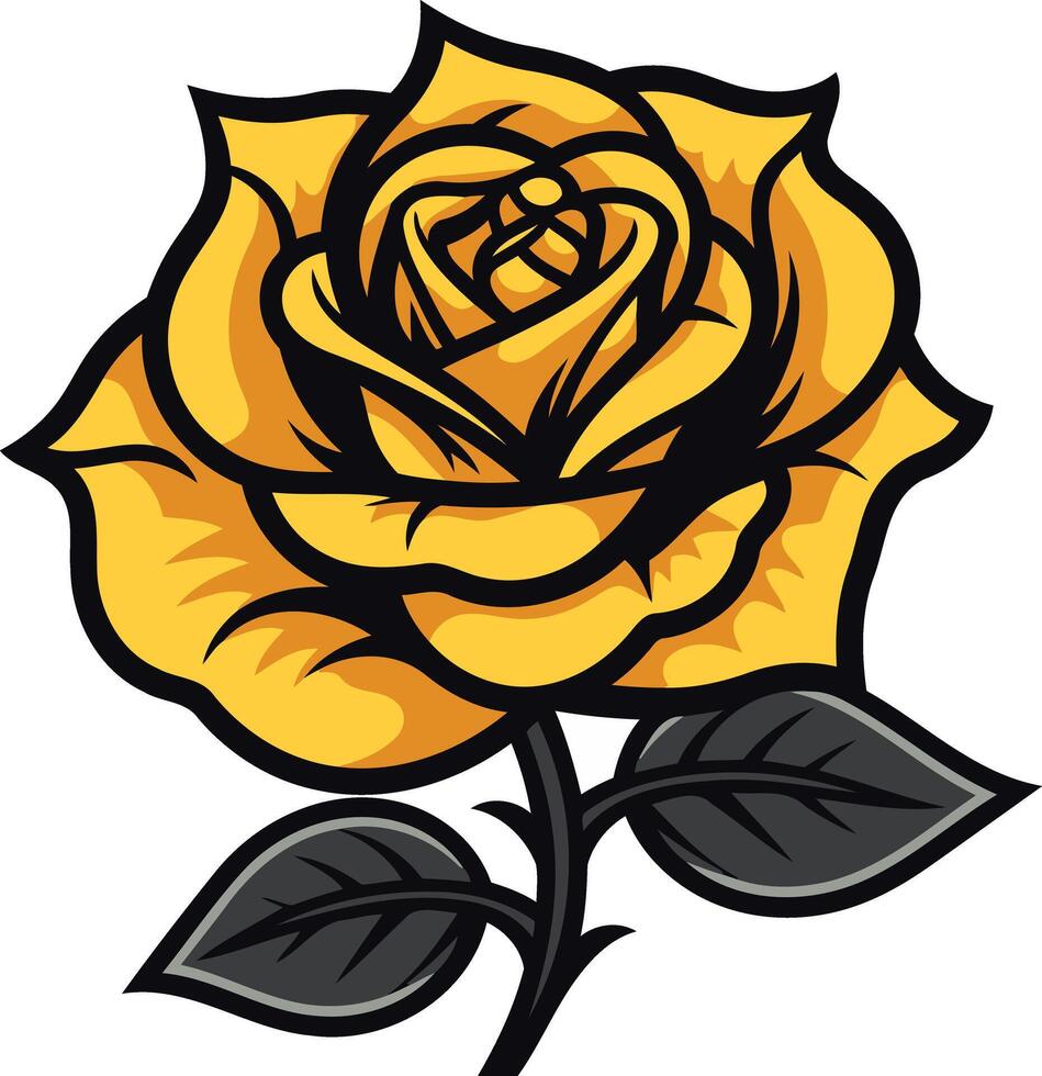 A vibrant, cartoon style yellow rose with detailed petals and leaves vector