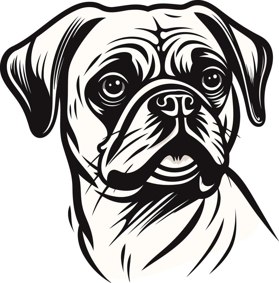 Black and white illustration of a pug dog's head, drawn in a bold, graphic style vector