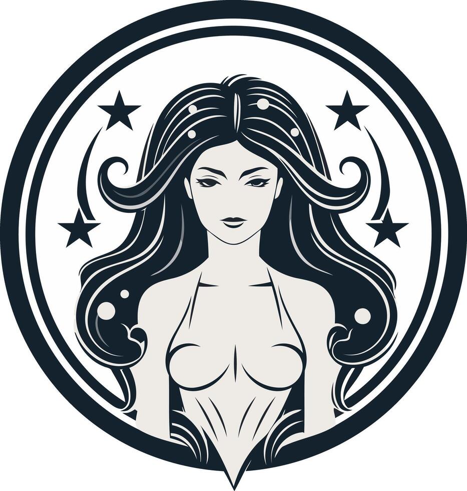 Elegant black and white logo of a beautiful woman with flowing hair and stars, perfect for beauty, fashion, or wellness brands vector