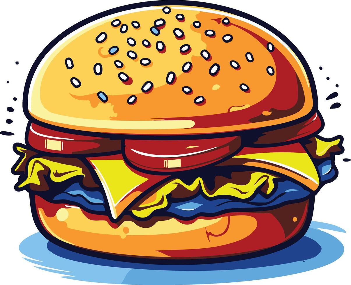 A vibrant and cartoonish illustration of a juicy hamburger, perfect for adding a fun and delicious touch to any project vector