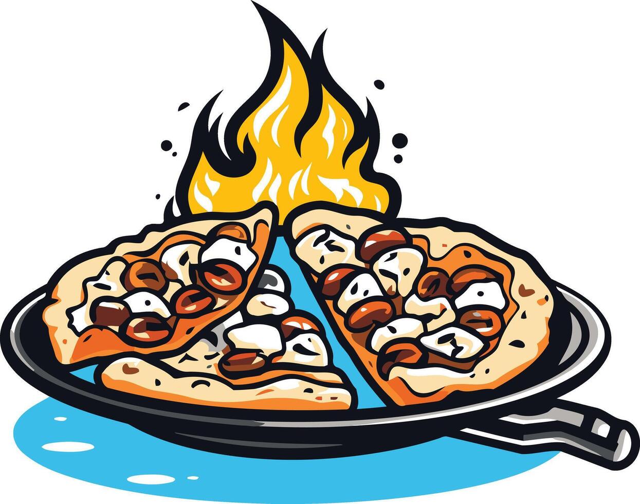 Delicious pizza in a pan with fire on top vector