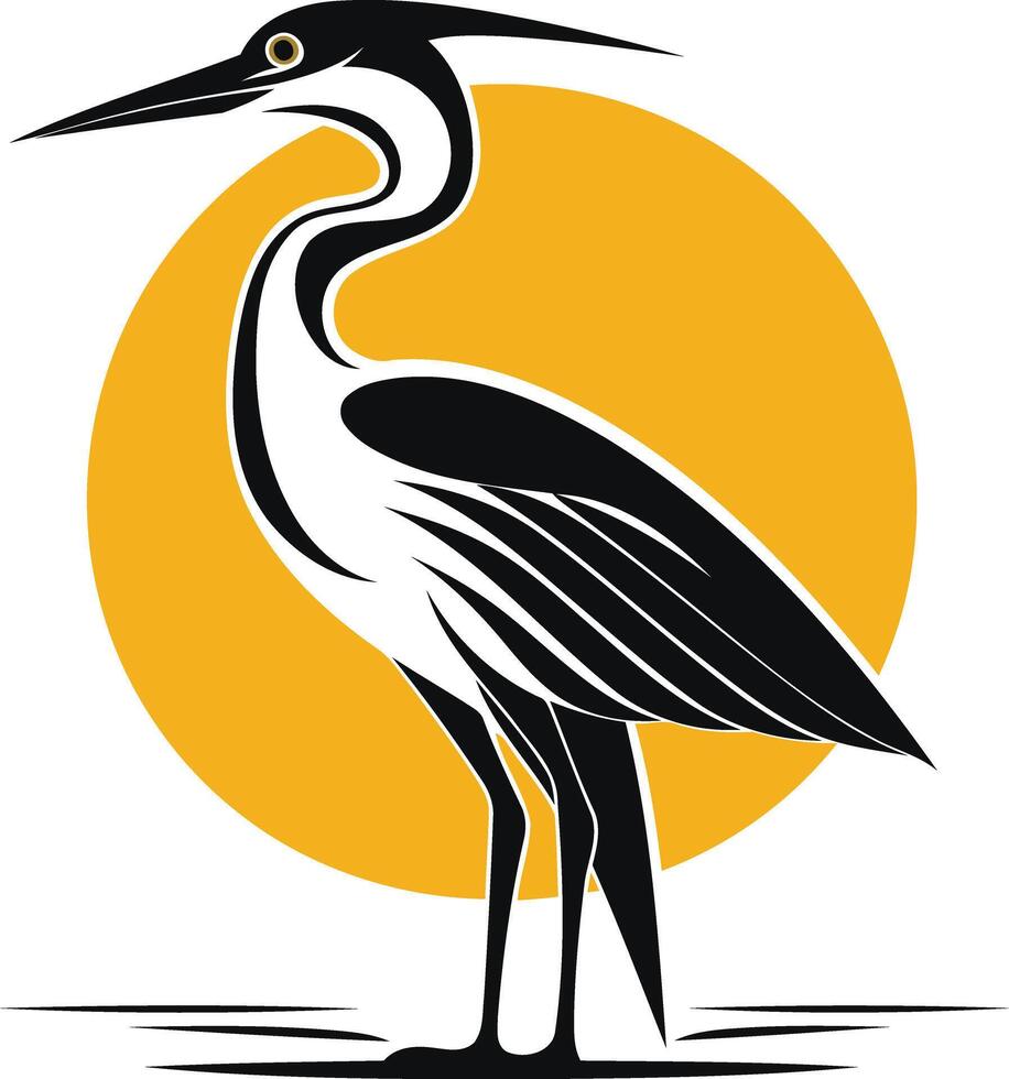 Stylized black and white heron silhouette against a yellow sun vector