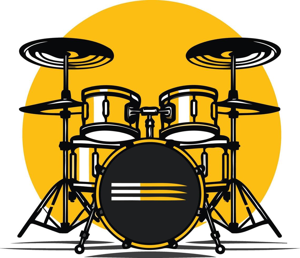 A classic illustration of a drum set, featuring a bass drum, toms, cymbals and a yellow sunburst background vector