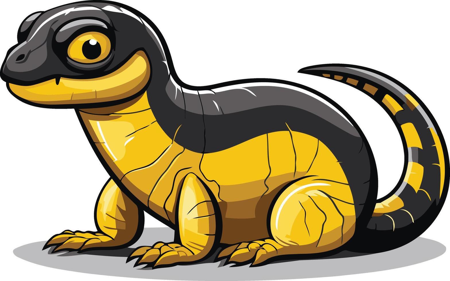 This illustration depicts a cartoon lizard with a black and yellow body, sitting with its tail curled behind it vector