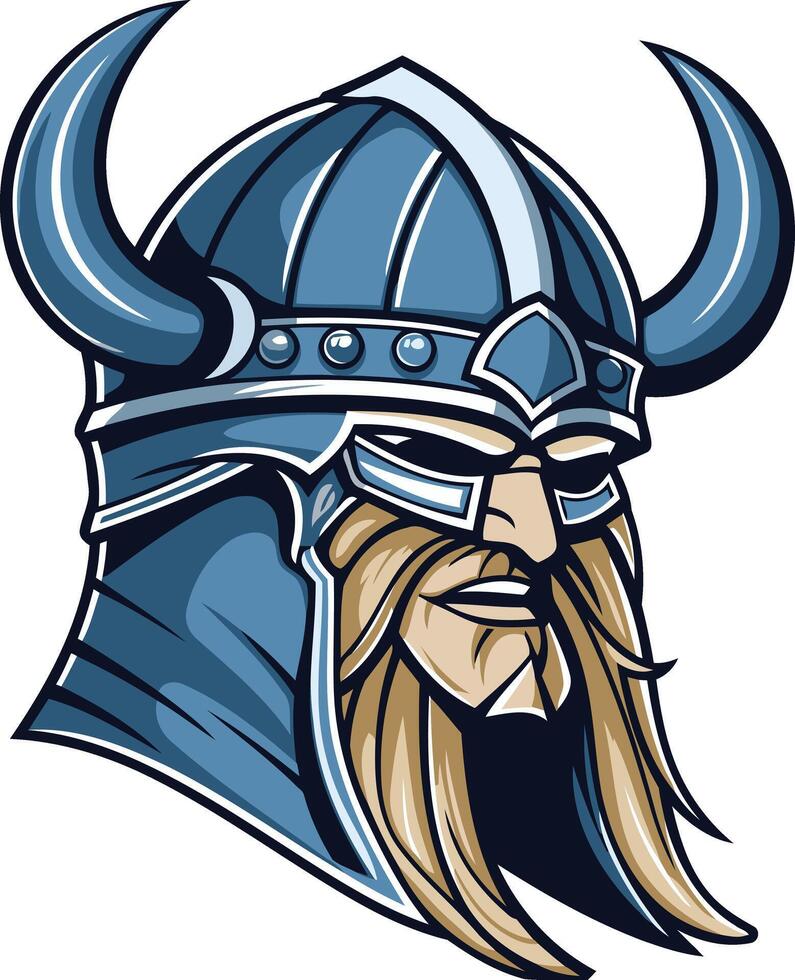 A fierce and detailed illustration of a viking warrior's head, wearing a horned helmet and bearing a determined expression vector