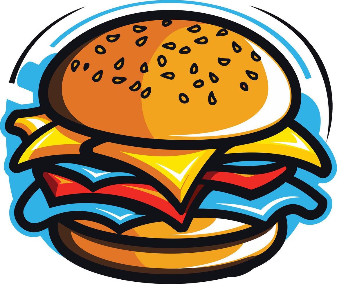 A delicious cartoon burger with cheese, tomato, and lettuce vector