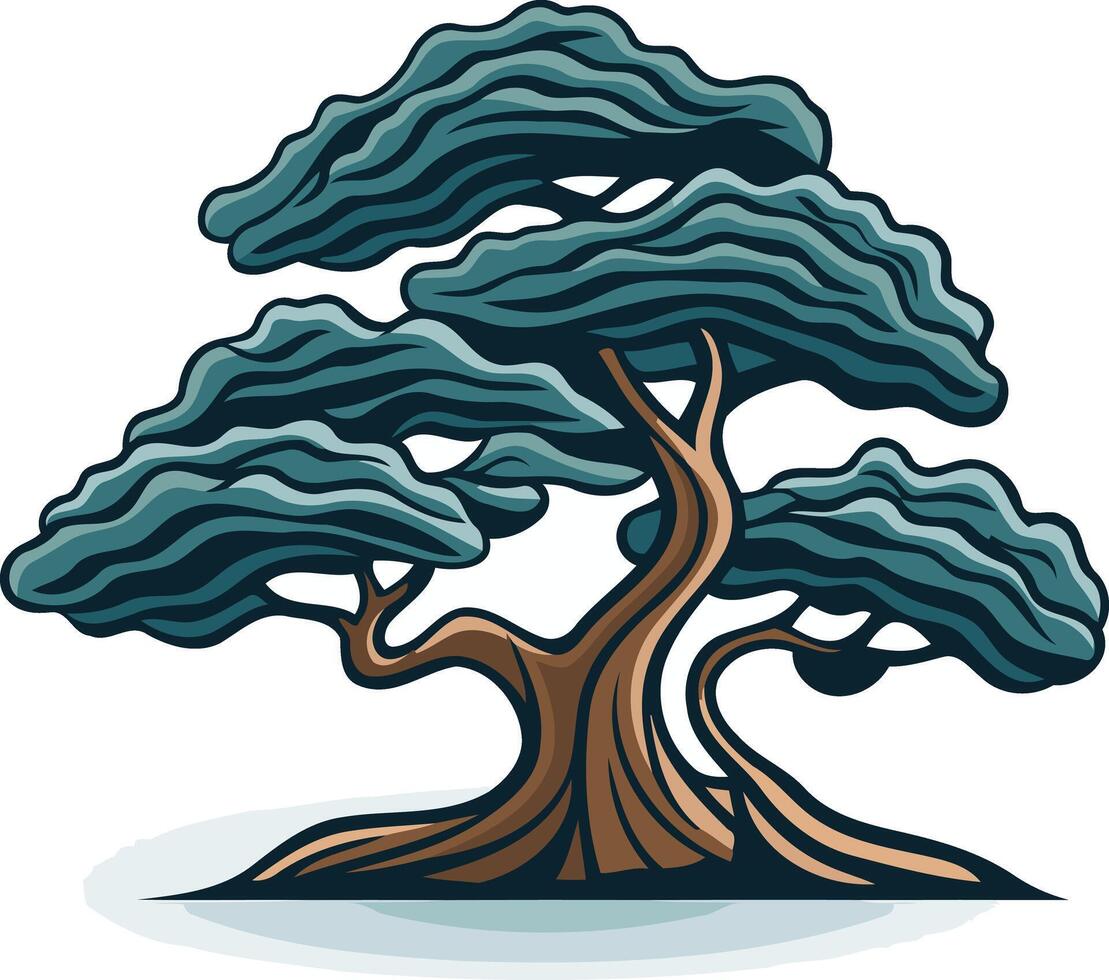 This element illustration depicts a stylized bonsai tree with a thick, gnarled trunk and multiple branches, showcasing the traditional art of bonsai cultivation vector