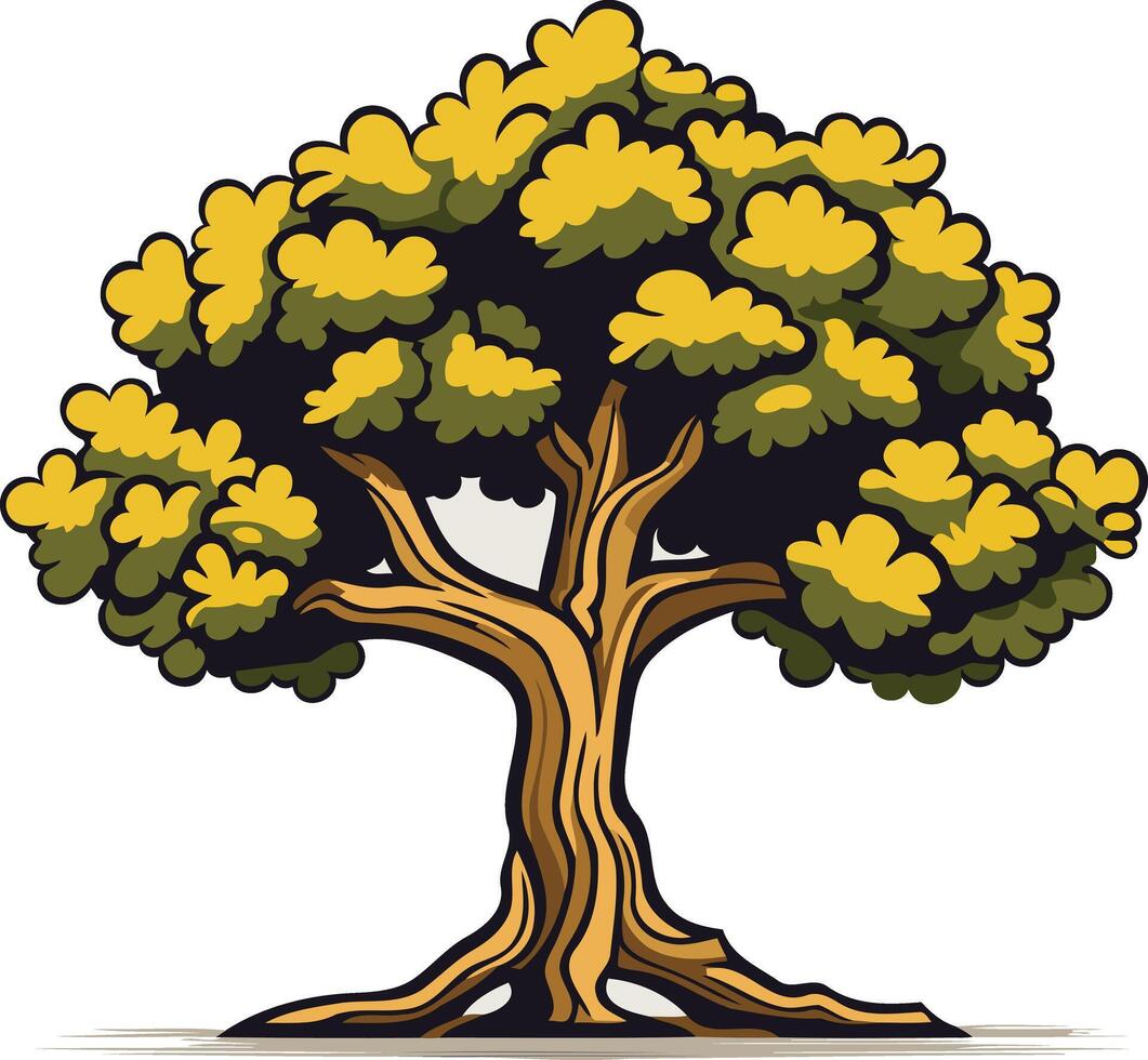 A cartoon illustration of a large, green tree with a thick trunk and roots, set against a white background vector