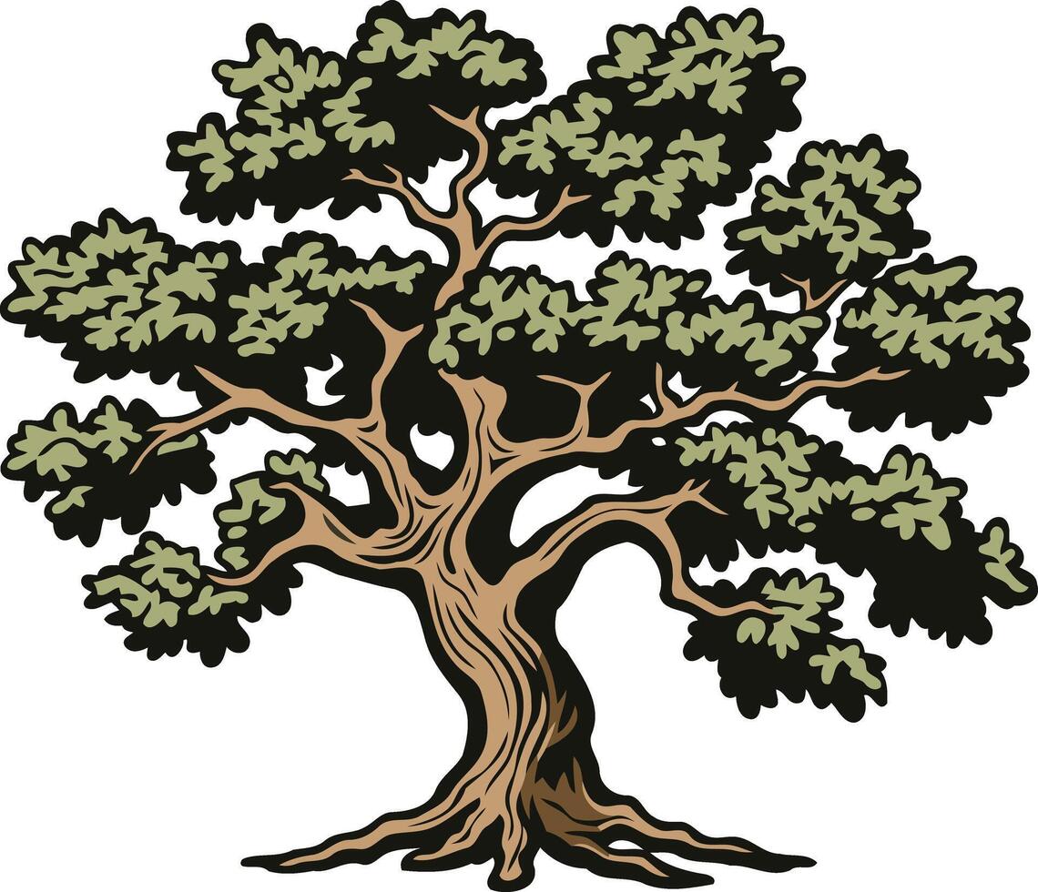 A sturdy oak tree stands tall with branches reaching towards the sky vector