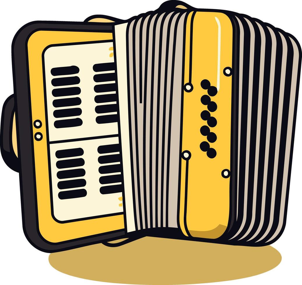 A cheerful cartoon illustration of a yellow accordion, open and ready to play vector