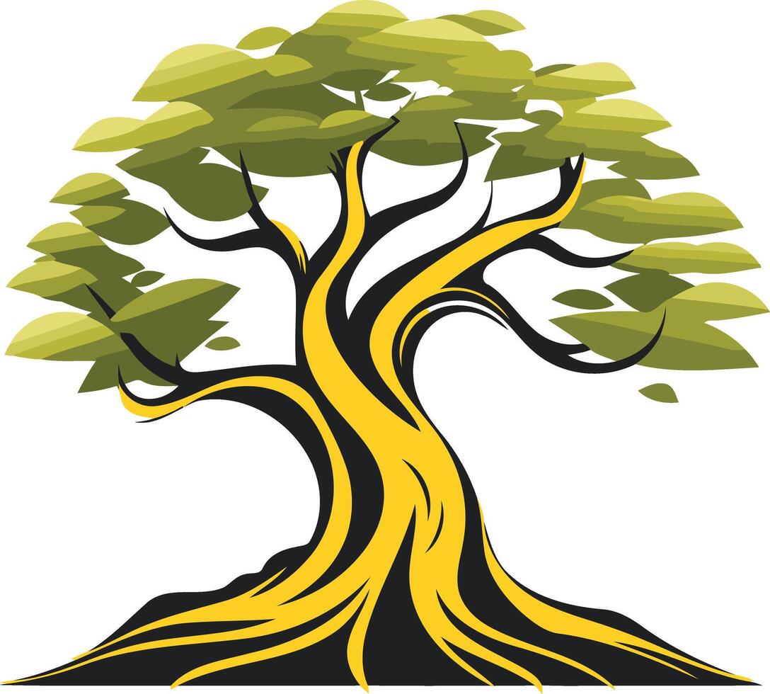 A stylized illustration of a strong, ancient tree with thick yellow bark and green leaves, symbolizing growth, resilience, and longevity vector