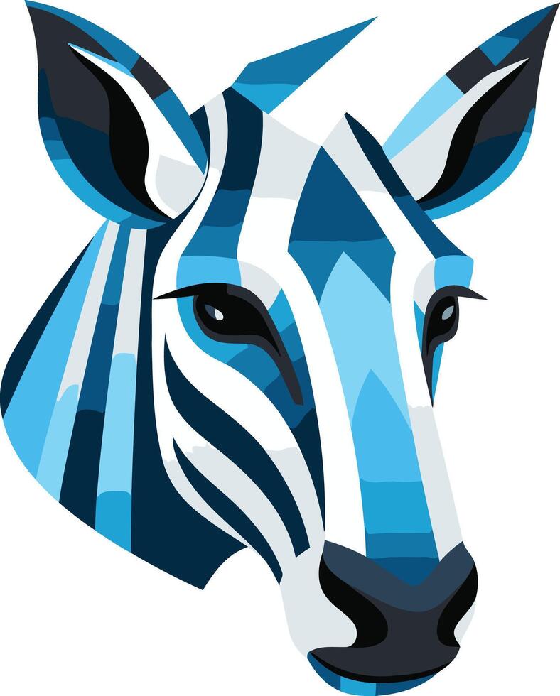 Geometric illustration of a zebra head with bold blue and white stripes vector