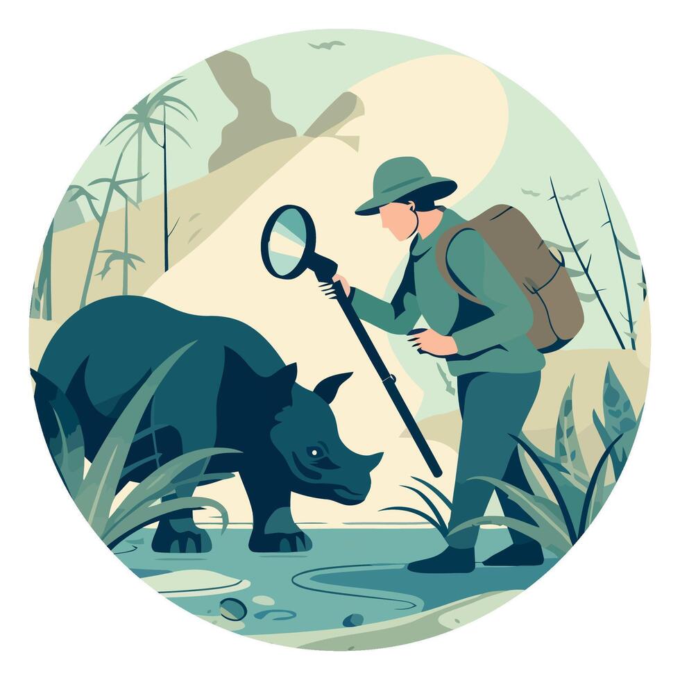 A man in a hat and backpack is looking at a rhino vector