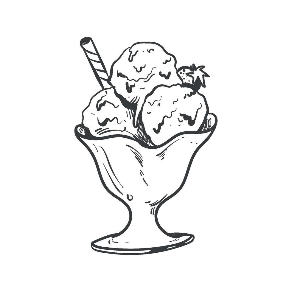Ice cream sundae in a glass with a straw illustration vector
