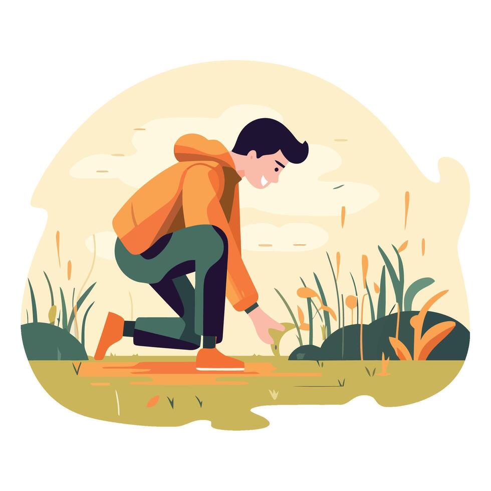 Man picking grass in the field vector