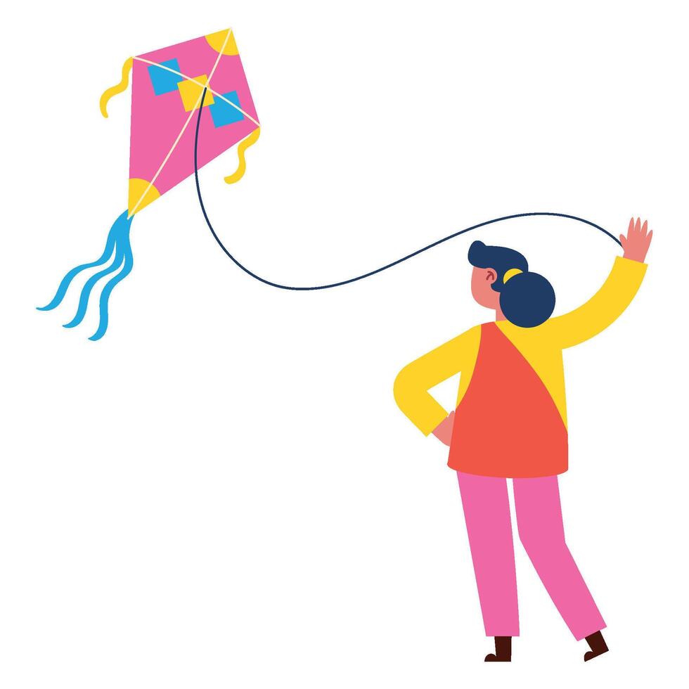 A woman is flying a kite with a colorful tail vector