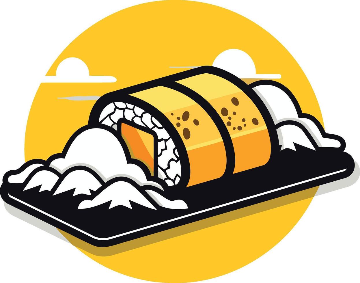 A cute cartoon sushi roll with a bright yellow background vector