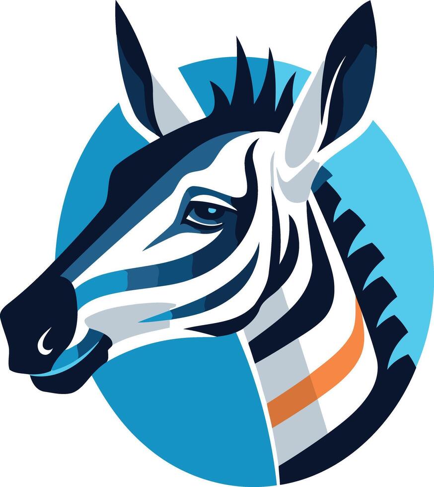 A stylized zebra head, in black, white, and orange, against a vibrant blue background vector