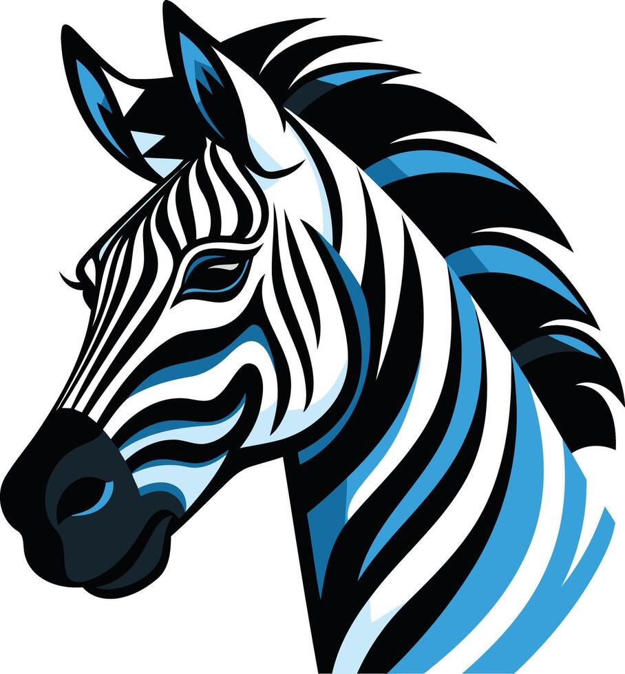 A bold and stylized zebra head illustration with a striking black and blue color scheme vector