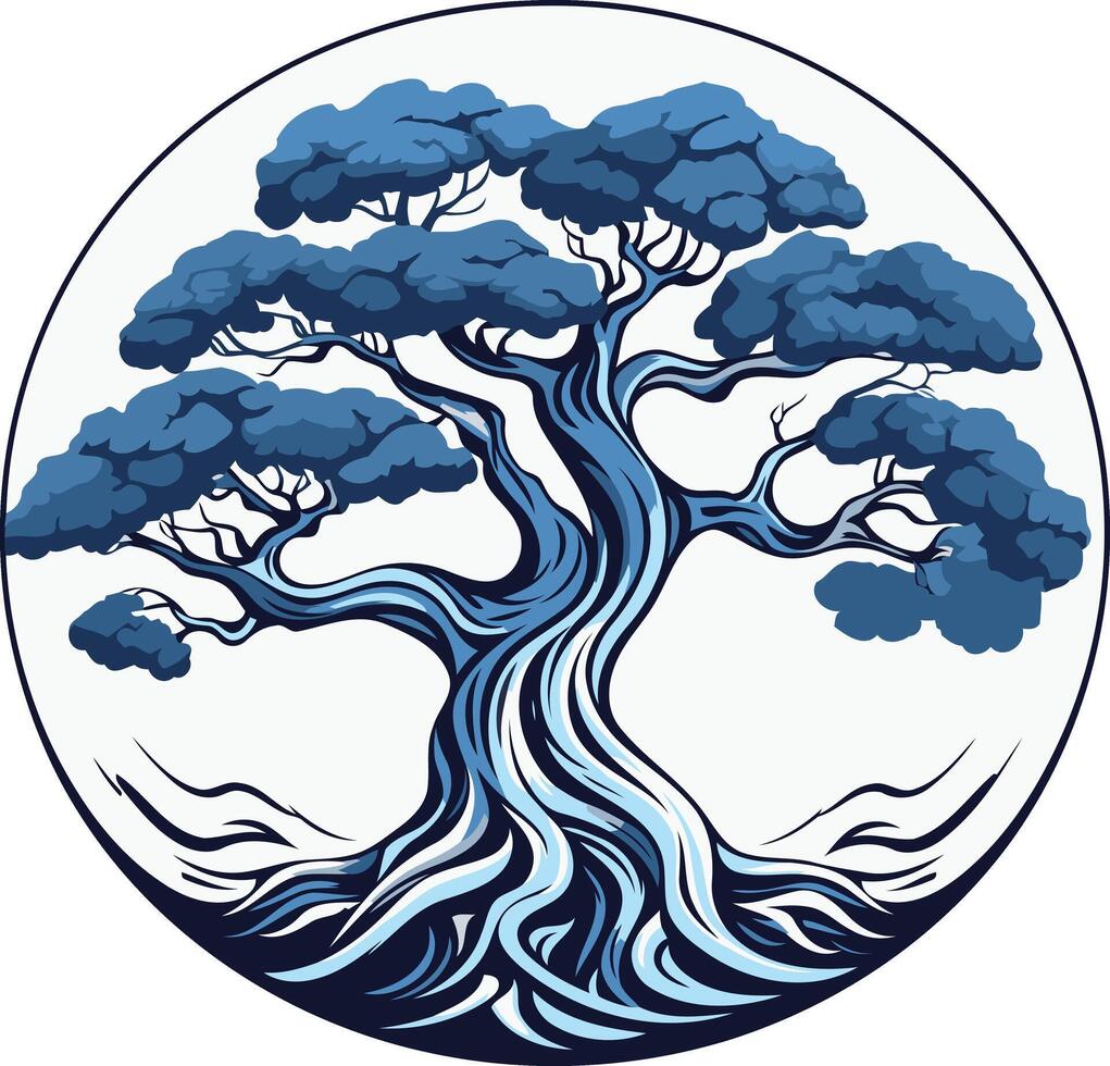 A stylized, blue bonsai tree in a circular frame, symbolizing growth, resilience, and longevity vector